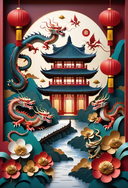 lunar newyear, Chinese calligraphy, Bustling, Paper cuttings, Intricate designs representing luck and happiness, Dragons, Home interiors, Warmly decorated with red envelopes, lanterns, and spring couplets, ready for family gatherings, Praying at temples, Paper lanterns <lora:SDXL\DetailedEyes_V3> <lora:ClearHand-V2> <lora:released\DonM3t3rn1tyXL-v1.1-000008>