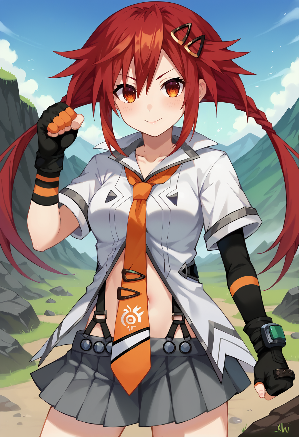 score_9, score_8, score_7_up, hd, (ultra hd quality details), outdoors, mountain, rocky,
solo, 1girl, medium breasts, tenuzu, red hair, twintails, twin braids, hairclip,
uzudef, white shirt, orange necktie, striped, asymmetrical gloves, fingerless gloves, gloves, pleated skirt, suspender skirt, grey skirt, navel,
looking at viewer, blush, smile,
standing, hand up, clenched hand, dynamic pose,
<lora:_tennouboshi_uzume-elesico-ponyr2-16dim:0.9>