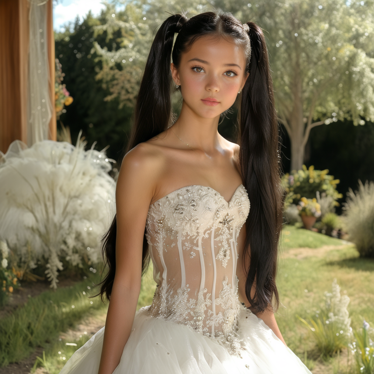 masterpiece,best quality,amazing quality,1girl,solo,looking_at_viewer,upper_body,from_below,  
black_hair,very_long_hair,twintails,petite,tall and thin,  
wedding dress, strapless,see through,jewelry, 
outdoors,standing, grass,



