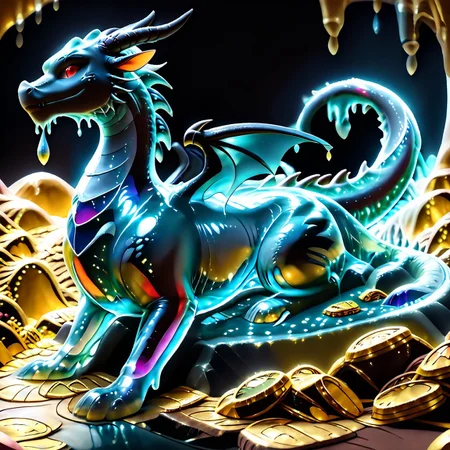 1dragon, highly detailed black dragon, black dragon made out of slime, scaly black slime dragon, slime dragon with red eyes, black slime dragon laying in its hoard, black slime dragon with wings, dragon wings, detailed claws, detailed feet, detailed tail,
multi-colored gems made out of slime, in a room of treasure made out of slime, tiny gold coins and bars made out of slime, piles of tiny coins, piles of tiny gold slime coins, piles of gold slime, tiny gold slime coins, only tiny coins, translucent slime coins,
treasure-room, treasure, gemstone, coins, gold bars, gold pile,
everything made of slime, No simple background,
((translucent slime)), ((transparent slime)), (bioluminescent slime), sl1m3, slime, ais-blmn, watce, je11y, thickwater, great lighting, ral-lava, even lighting, no bright spots, saturated colors,