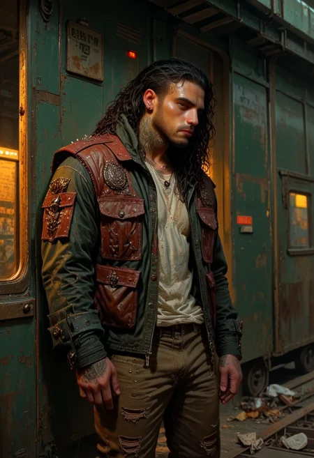 score_9, score_8_up, score_7_up, best quality, fine detail, digital painting, 1boy, solo, long curly wet black hair, beard, muscular, oversized red leather jacket with studs, handsome, standing in a train yard, wearing ripped jeans, wrinkled clothing, worn out tattered clothing, relaxing, carefree, melancholy, very detailed background, gritty, purple lighting, deep shadows, vivid detail, green background, interesting composition, 8K, UHD, goonguy