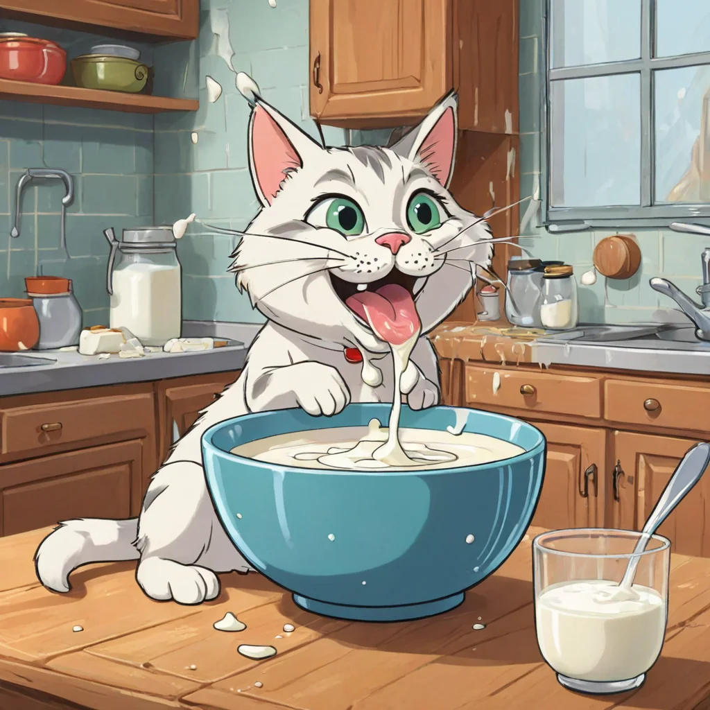 Cartoon Cat Licking Milk from a Bowl, Messy, Kitchen Background, Funny, Humor, Comedy <lora:add-detail-xl:1>