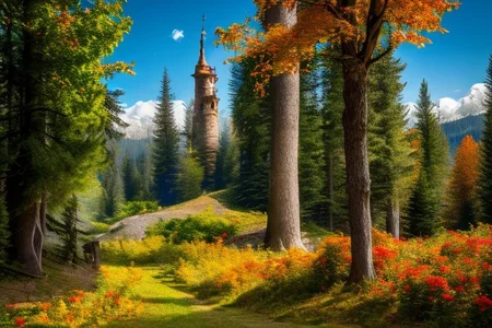realistic analog photo, award winning photo, vary wide shot of stone witow tower:1.3, no humans, scenery, blue sky, auwo, in a autumn forest, dirt road, lush grassland, Wildflowers, nature, outdoors, RAW, highres, 8k, uhd, High Dynamic Range, tonemapping, crisp details,