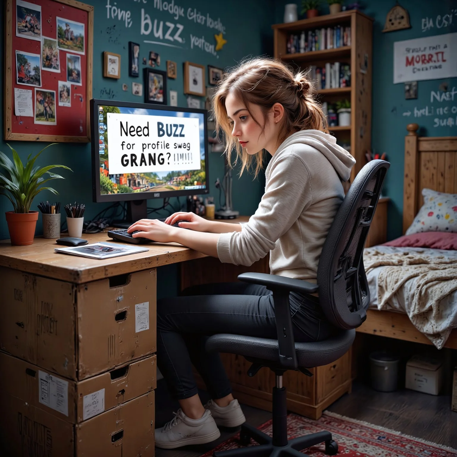 gamer girl playing at a scuffed set up, computer single monitor ontop of cardboard box, cardboard dirty bed in the corner of the room, the girl has messy hair and messy clothes, on the screen read over her head reads with 'Need Buzz for profile swag' . also has 'buzz written on the wall
