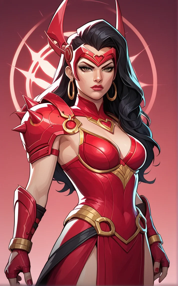 score_9, score_8_up, score_7_up, absurdres, <lora:PONYXL_STYLE_MarvelRivels_ownwaifu:1>, BREAK PONYXL_STYLE_MarvelRivels_ownwaifu, 1girl, long hair, looking at viewer, black hair, fingerless gloves, jewelry, heart, earrings, shoulder armor, glowing, red gloves, pauldrons, red dress, official alternate costume, animification, closed mouth, nail polish, headgear, serious, magic, forehead protector, red armor, elbow gloves, cropped legs<lora:add-detail-xl:0.15>,