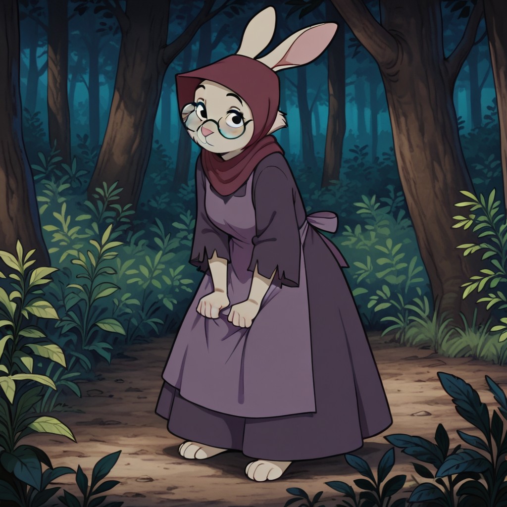 masterpiece, best quality, amazing quality, motherrabbitRHil, semi-anthro, female, rabbit_girl, beige fur, black eyes,  round glasses, dark purple dress, torn sleeves, maroon head_scarf, lavender apron, standing, in forest, solo, looking at viewer, <lora:8c069b3d-8a5d-49bf-bff7-795ac7a126e6:0.7>