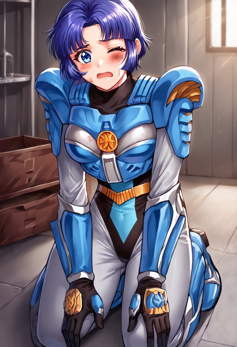 score_9, score_8_up, score_7_up, source_anime, zPDXL, zPDXLpg, <lora:offset_0.2:0.1>, <lora:spo_sdxl_10ep_4k-data_lora_webui:1>,
1girl, solo,
sazerpisces, silver bodysuit, black leotard, belt, armor, black gloves, gauntlets,  <lora:Sazer_Pisces_v2:1>,
srw_kusuha, blue hair, parted bangs, short hair, blue eyes, 
kneeling, one eye closed, hurt, injury, scared, holding arm, inside, warehouse