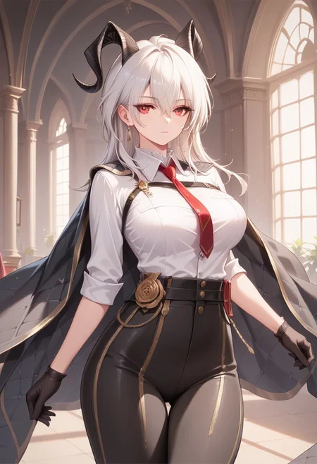 (score_9, score_8, score_7), masterwork, masterpiece, best quality, beautiful eyes, beautiful face, detailed eyes, detailed face, zani, 1girl, white hair, red eyes, black curved horns, white dress shirt, red necktie, black gloves, tight black pants, gold accessories, shoulder cape, serious expression