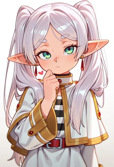(eyesHD, detailed eyesdetailed eyes, beautiful eyes, high definition eyes), by wamudraws), masterpiece, best quality, amazing quality, very aesthetic, absurdres, gradient background, backlighting, shadow, shaded, 1girl, Frieren, solo, pointy_ears, green_eyes, twintails, long_hair, earrings, jewelry, heart, striped, white_background, white_capelet, belt, capelet, elf, simple_background, parted_bangs, striped_shirt, dress, white_dress, shirt, bangs, long_sleeves, very_long_hair, hand_up, white_hair, red_belt, looking_at_viewer, wide_sleeves, closed_mouth
<lora:DetailedEyes_V3:3>, <lora:illustrious_quality_modifiers_masterpieces_v1:1>,