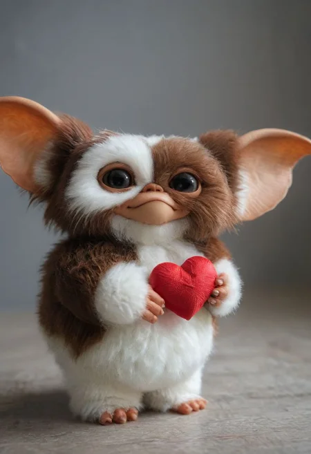 amazing quality, masterpiece, best quality, hyper detailed, ultra detailed, UHD, perfect anatomy, portrait, dof, hyper-realism, majestic, awesome, inspiring, - a fluffy cute #giz# gizmo with large friendly eyes Holding a Valentine heart to welcoming a Special person.. with perfect teeth and smile, cinematic composition, soft shadows, national geographic style,