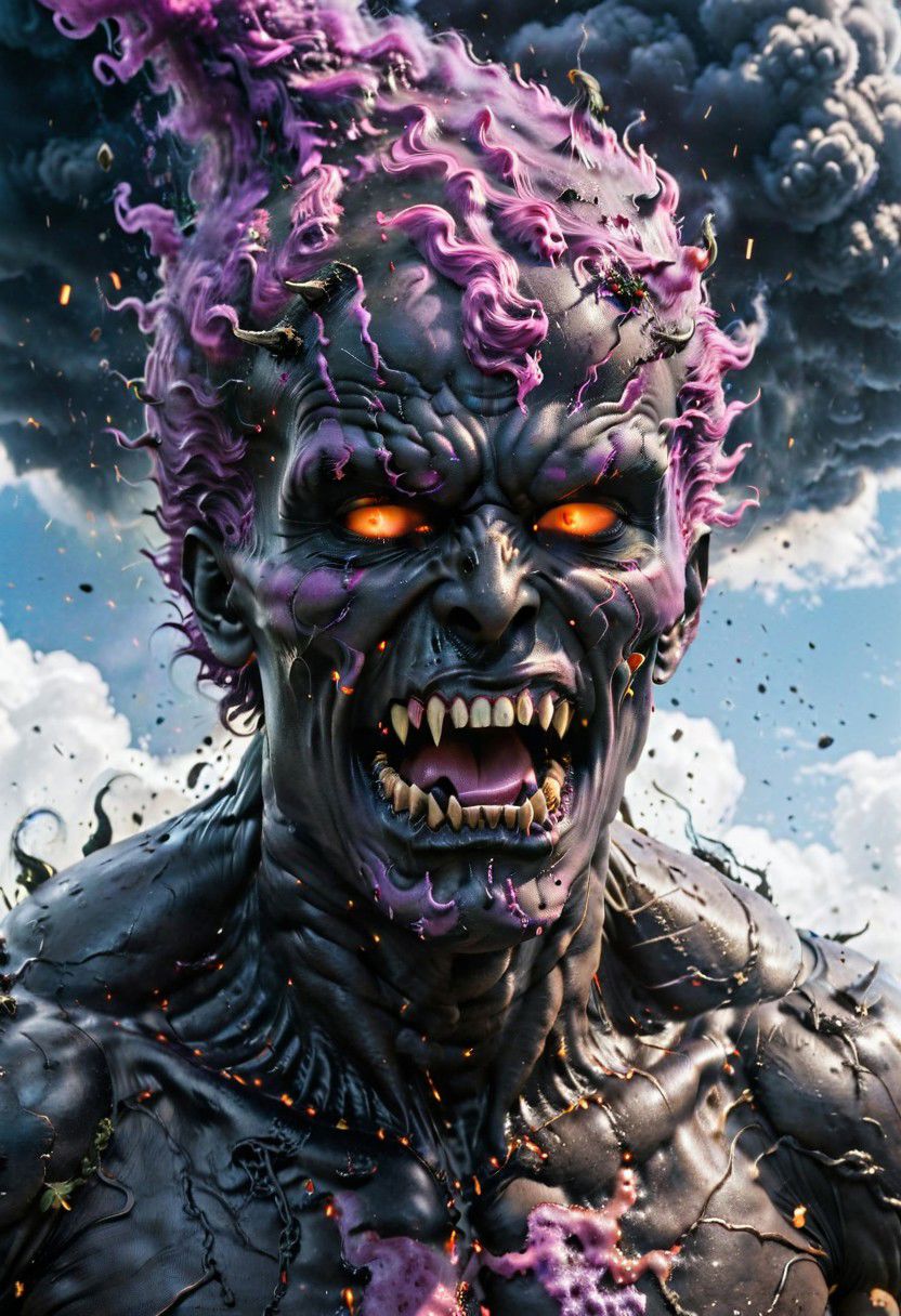 According to the rules, in such cases, it was supposed to become a black impenetrable cloud, fill the entire space with itself, catch up with purple  DEVIL SPAWN horror and look at him with an ominous luminous look from nowhere and from everywhere, which Bomchi immediately did.  Feeling of fear, feeling of horror,rich colors, ultra clear image, more realistic, high resolution photos, 8K HD wallpapershigh quality, intricate details,  ultra detailed, ,depth of field, 8k resolution trending on Artstation Unreal Engine 5, Epic,detailed background, <lora:xl_more_art-full_v1:1.2>  <lora:JuggerCineXL2:0.8> , Cinematic,  <lora:EnvyActionShotXL01:0.8> action shot