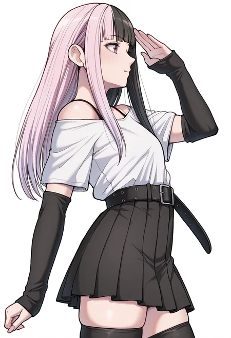 Smooth Quality,masterpiece,very intricate, high quality details, ultra realistic, high detailed skin,detailed enviorement,absurdres,
simple background, white background, dancing,skindentation, solo,from side,straight-arm salute,
 <lora:DangerousBitch_Femboy_CNR:0.8> dangerousfemb_cnr, 1girl,pink hair,split-color hair, black hair,  long hair, blunt bangs, pink eyes, off-shoulder shirt, short sleeves, shirt tucked in,pleated skirt, belt, thighhighs, arm warmers,bra strap, wince,, + -,