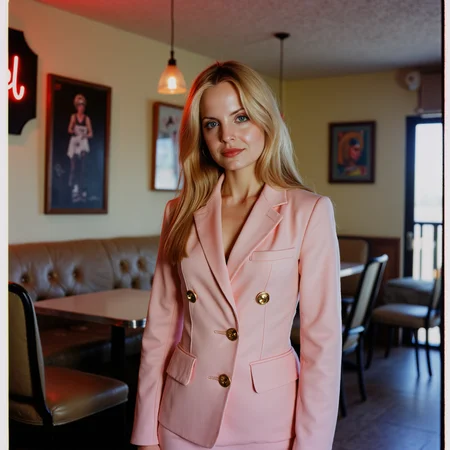 Faded Polaroid Photo, analog film photo gothic style captured with a Leica M6, flash photography enhanced with retro grain, a beautiful woman pastel pink women's suit. portrait of a beautiful young woman in a restaurant a garage posing dynamic, analog photo <lora:Mena S-v2:1> m3n4v2 . dark, mysterious, haunting, dramatic, ornate, detailed . faded film, desaturated, 35mm photo, grainy, vignette, vintage, Kodachrome, Lomography, stained, highly detailed, found footage, analog, old faded photo, old polaroid, RAW candid cinema, 16mm, color graded portra 400 film, remarkable color, ultra realistic, textured skin, remarkable detailed pupils, realistic dull skin noise, visible skin detail, skin fuzz, dry skin, shot with cinematic camera