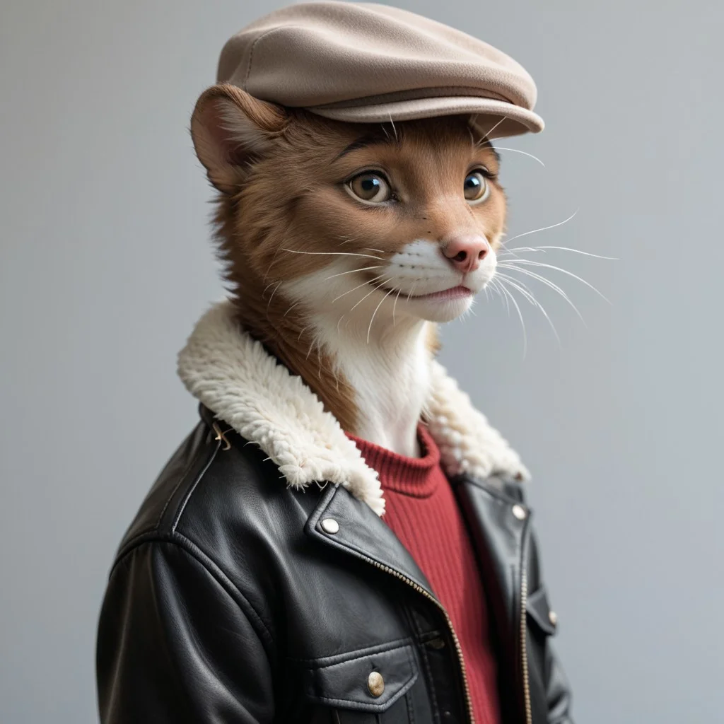 score_9, score_8_up, score_7_up, score_6_up, score_5_up, score_4_up, bedroom background, detailed fur, (((Portrait)))
BREAK
W33kly_BS, Weekly, Anthro Weasel, Lesser Weasel, brown weasel, brown fur, white chin, white neck, white inner ear, black eyebrows, black eyes, pink nose, whiskers, tan hat, flat cap, leather jacket, flight jacket, fleece collar, red sweater, khakis, tan shoes,
BREAK