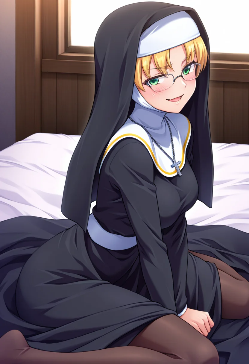 masterpiece, best quality, amazing quality, 1girl, solo, kyoukaww, green eyes, blonde hair, long hair, parted bangs, glasses, medium breasts, nun, traditional nun, habit, cross necklace, <lora:Ayamine_Kyouka_Yoridori_ill:0.8>, (from side), leaning forward, sitting, v arms, arms between legs, indoors, (wariza:1.2), bedroom, on bed, bed, looking at viewer, (smirk), open mouth, blush, skindentation, detailed clothing folds, depth of field, sharp, high contrast, dynamic light