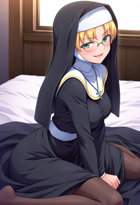 masterpiece, best quality, amazing quality, 1girl, solo, kyoukaww, green eyes, blonde hair, long hair, parted bangs, glasses, medium breasts, nun, traditional nun, habit, cross necklace, <lora:Ayamine_Kyouka_Yoridori_ill:0.8>, (from side), leaning forward, sitting, v arms, arms between legs, indoors, (wariza:1.2), bedroom, on bed, bed, looking at viewer, (smirk), open mouth, blush, skindentation, detailed clothing folds, depth of field, sharp, high contrast, dynamic light