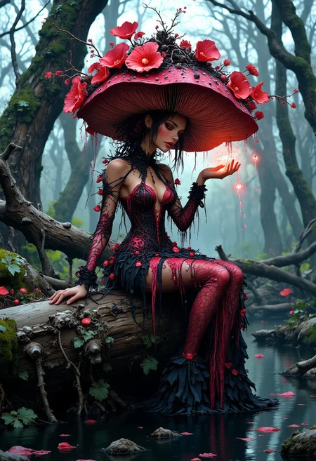 mythp0rt, MushroomHat,
In a swamp thick with fog and decay, an ominous fairy sits atop a rotting log, her dark crimson MushroomHat adorned with poisonous flowers is oozing a toxic, shimmering mist. Her hollow laughter echoes as she tosses glowing spores into the air, each one carrying curses to anyone who strays too close. Her gown, made of twisted vines and thorny brambles, shifts as if alive, feeding on the swamp’s decay. With every movement, the ground beneath her blackens, spreading her malice further into the world.