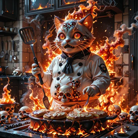 cf_style, skullthemeXL, glowing embers, fire particles, cartoon realism, exaggerated expressions,
(1 chubby cat), chef attire, flaming whiskers, holding spatula, flipping skull-shaped pancakes on a stove made of molten bones. 
Background is a kitchen with counters of ribcages, smoke trails forming ghostly skulls.  
Glowing orange and red lighting, flames gently reflecting on his fur. Soft outlines, stylized fire.
