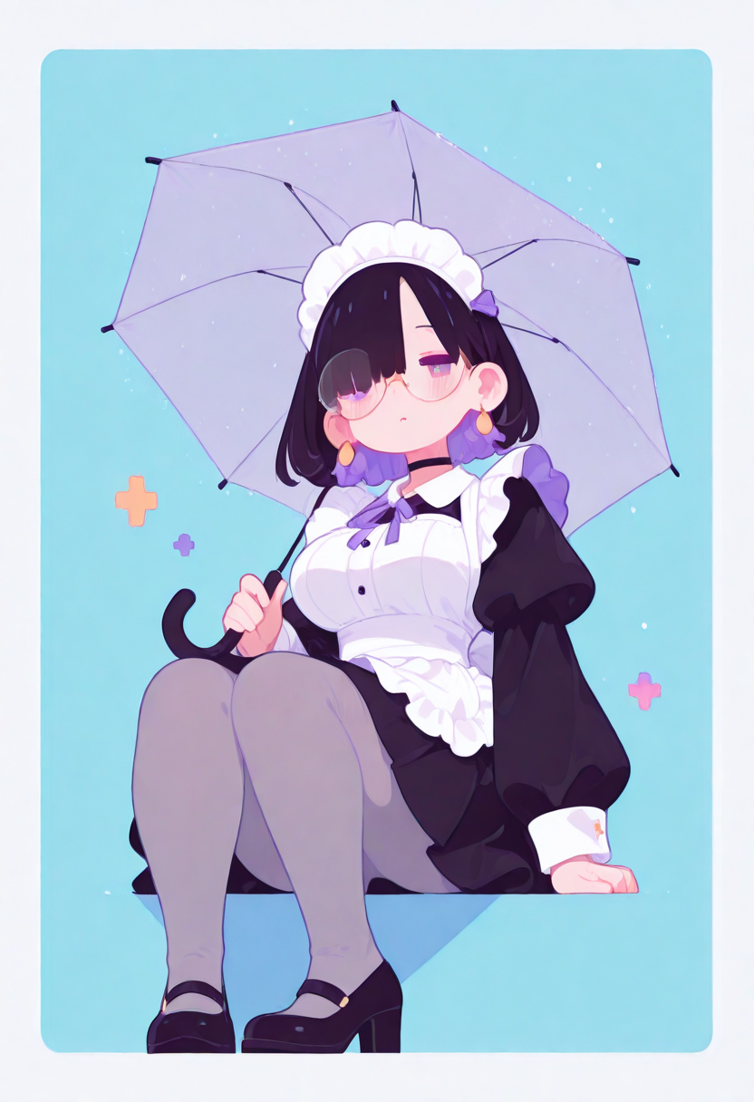 masterpiece, best quality, good quality, very aesthetic, absurdres, newest, 8K, viewed from below, legs focus, legs awe, BREAK 
side portrait of stunning girl sitting, bangs, black hair, bobcut hair, purple eyes, choker, hair over one eye, (rimless big round glasses), large breasts, earrings, ear pierces, ultra detailed decorative victorian gossamer clothes, very short tight black maid dress, maid apron, multi colored hair, grey tights, black pumps, simple pastel aqua background with thick white border, holding transparent umbrella, directional lighting, BREAK half closed eyes, blushing, unfocused eyes, slightly parted lips, distant gaze, emotionless look,face visible through umbrella,
ultra-realistic, Flatline, Flat vector illustration, haiz_ai, no lineart, no outline,
heavy-rain, rain,
pplegs, chubby legs, thick legs, skindentation,
<lora:haiz_ai_illu:0.8> <lora:flatline:1.65> <lora:ponyv6_noobE11_2_adamW:0.25>  <lora:Slider-LimbWidth:1.5> <lora:Slider-LegLength:-1.5> <lora:v0.04_Concept_pony:0.2>