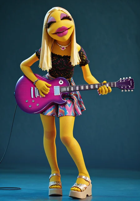 absurdres, 8k, high resolution, masterpiece, best quality, absolutely fantastic art, amazing quality, very aesthetic, <lora:Janice_-_The_Muppets>, janice, 1girl, solo, long hair, skirt, blonde hair,  jewelry, full body,  makeup, sandals, lipstick, platform footwear,yellow skin,  full body, standing, playing guitar
