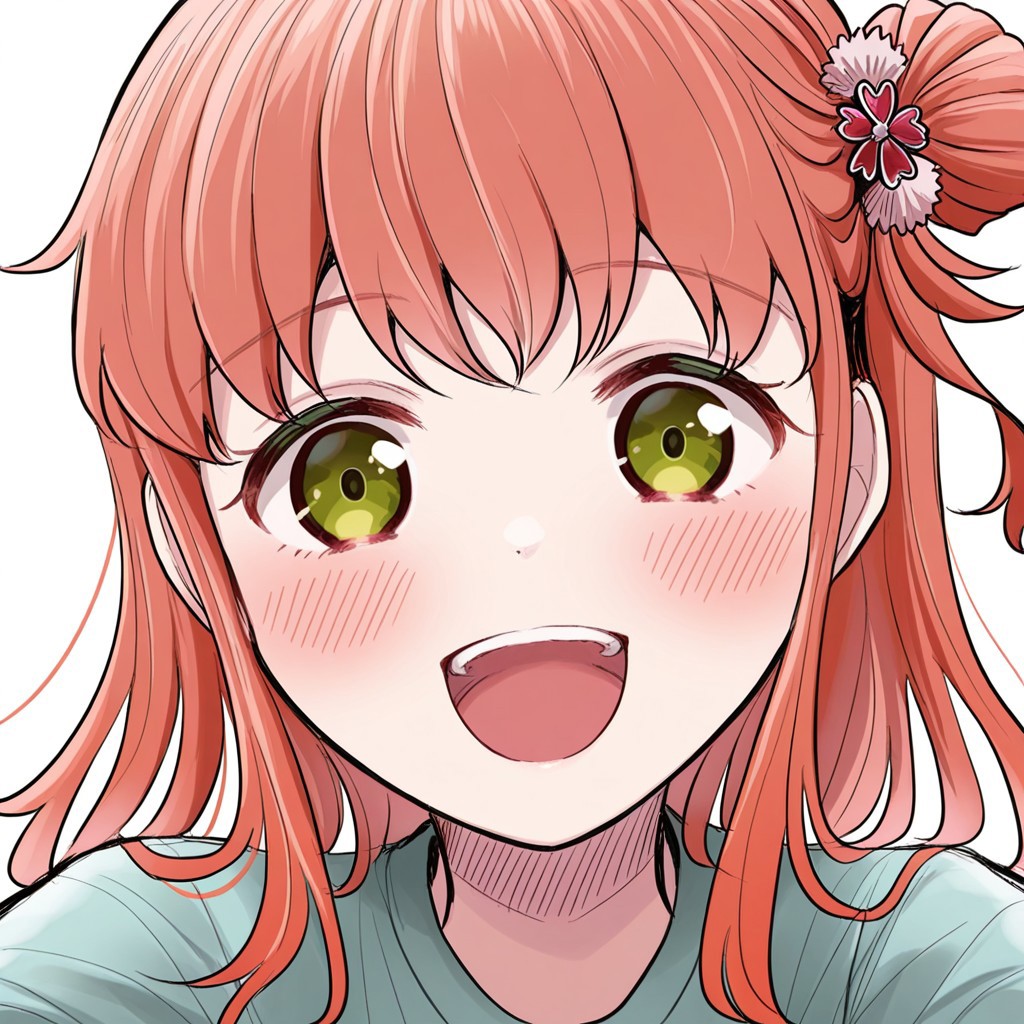 masterpiece, best quality, 32k, high resolution, absurdres,  yotsuha, hair bun, POV, looking at viewer, blush, smile, open mouth, teeth