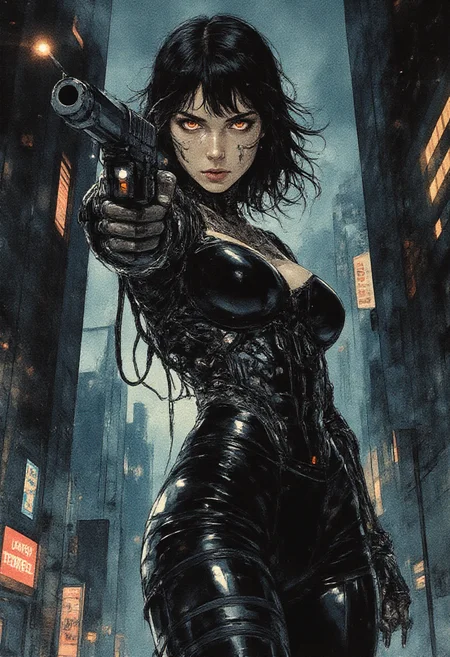 in a dark brooding dystopian city at night, biomechanical cyberpunk karolineleavitt  as a gorgeous young biomechanical cyberpunk bounty hunter,  her huge tits and erfect nipples. her body enhanced with advanced technology and weaponry, tracks down dangerous criminals in a dystopian future, With her sleek revealing sexy black suit and dimly glowing  eyes, cleavage, bare midriff navel, tattoos on neck and arms, she strikes fear into the hearts of those who dare to cross her path. Armed with a large sci-fi gun and a razor-sharp wit, she navigates the treacherous night of the city, always one step ahead of her prey, style of Benedick Bana and Shahab Alizadeh . cybernetics, human-machine fusion, dystopian, organic meets artificial, dark night, intricate, highly detailed, watercolor anime style. Dystopian, shades of gray with highlight colors. Angled, legs apart, pointing gun at camera. Extreme perspective. Action pose with gun. Cinematic action style. <lora:RetroAnimeFluxV1:0.7> <lora:Mezzotint_Artstyle_for_Flux_-_by_Ethanar:0.6> <lora:Karoline_Leavitt_FLUX:1> <lora:CPA:0.7> anime