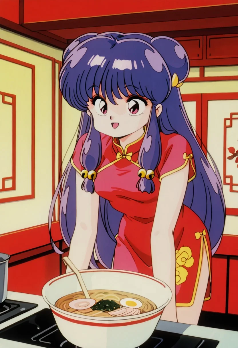 masterpiece, best quality,
shampoo, 1girl, solo, pink eyes, purple hair, knee-length hair, double hair bun, hair ornament, hair bell, sidelocks, bangs, fringe and two strands hanging in front,
outfit_retro, retro artstyle, dress, china dress, red dress, short sleeves,
happy, indoors, restaurant, cooking ramen, dynamic angle, dynamic pose