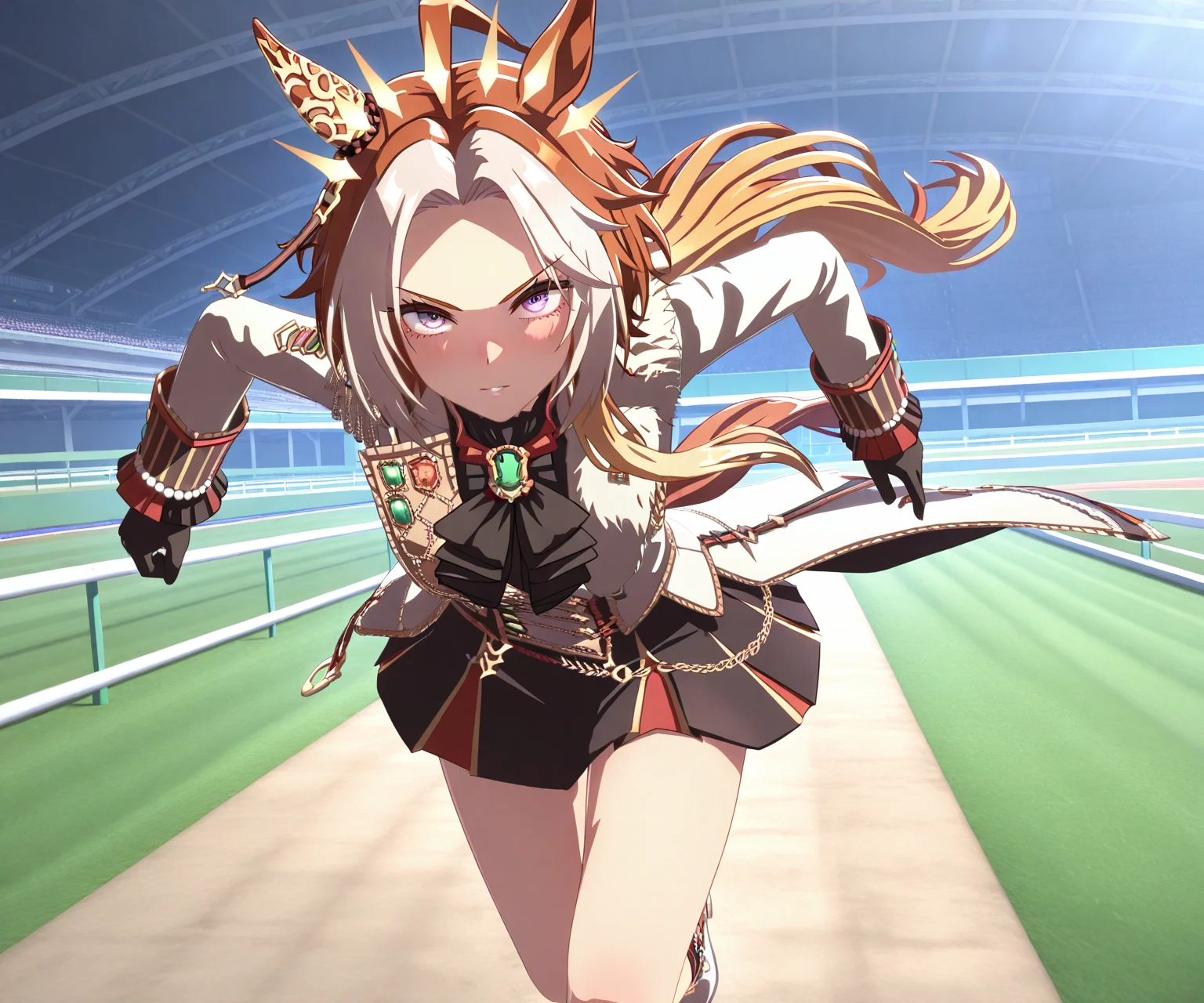 masterpiece, best quality, amazing quality, , 1girl, solo,umamusume, racetrack, running, <lora:Orfevre in game style 3D ILL-v2:1> ummsmingame, 3d, orfevre \(umamusume\), skirt,