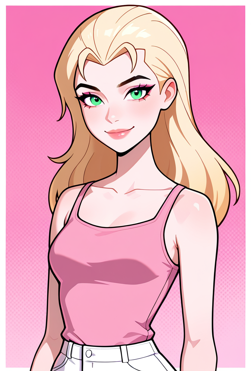 <lora:eunice-06:1> eunice, 1girl, long hair, blonde hair, green eyes, lips, , makeup, pink tank top, white shorts,, pink background, smile,, masterpiece, best quality, amazing quality, very aesthetic, absurdres, newest,, upper body, halftone effect, white borders, abstract background:1.2,