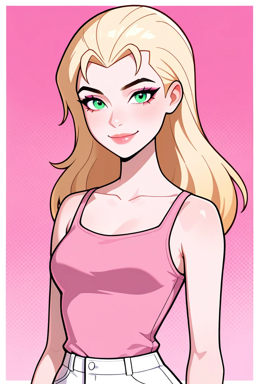 <lora:eunice-06:1> eunice, 1girl, long hair, blonde hair, green eyes, lips, , makeup, pink tank top, white shorts,, pink background, smile,, masterpiece, best quality, amazing quality, very aesthetic, absurdres, newest,, upper body, halftone effect, white borders, abstract background:1.2,