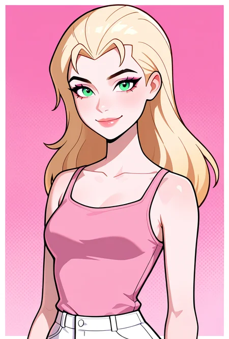 <lora:eunice-06:1> eunice, 1girl, long hair, blonde hair, green eyes, lips, , makeup, pink tank top, white shorts,, pink background, smile,, masterpiece, best quality, amazing quality, very aesthetic, absurdres, newest,, upper body, halftone effect, white borders, abstract background:1.2,