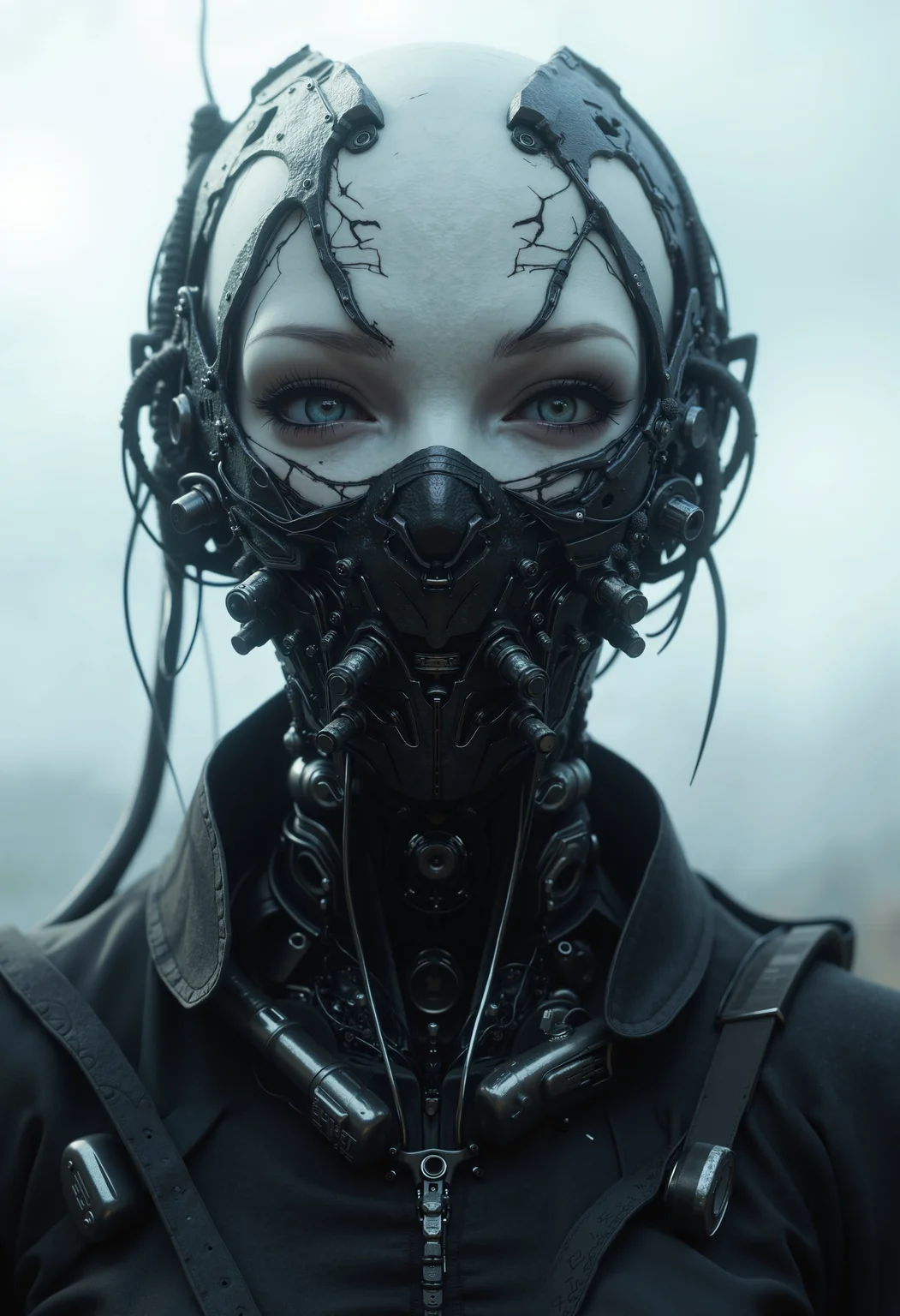bo-chromatic, a highly detailed cgi rendering of a futuristic, alien-like creature, the subject is a humanoid female with pale skin and large, expressive eyes, she wears a sleek, black, metallic mask that covers her entire face and neck, with intricate, geometric patterns etched onto her forehead, the mask is adorned with numerous cables and mechanical components, giving it a cybernetic appearance, the creature's body is covered in a dense, dark fabric, which contrasts starkly with the metallic textures, the background is blurred, with a hint of a cloudy sky, suggesting an outdoor setting, the overall style is highly realistic with a slight emphasis on hyper-realism, capturing the intricate details of the creature and its surroundings, the texture of the fabric appears smooth and reflective, enhancing the metallic sheen of the mask and the robotic elements, the image exudes a sense of advanced, technological readiness, with the subject's imposing presence dominating the scene<lora:boFLUX Chromatic Abyss.safetensors:1.0:1.0>