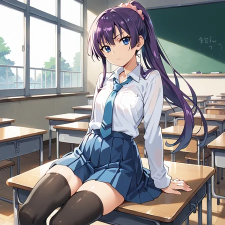 <lora:watanabeakio-000009:1>
score_9, score_8_up, score_7_up,score_6_up,
watanabe akio, poyoyon rock, watanabeakio, 1girl, solo,senjougahara hitagi, long hair, bangs, ponytail, sidelocks, scrunchie, blue eyes, purple hair, skirt, thighhighs, school uniform, necktie, black thighhighs, zettai ryouiki, naoetsu high school uniform, indoors, classroom,