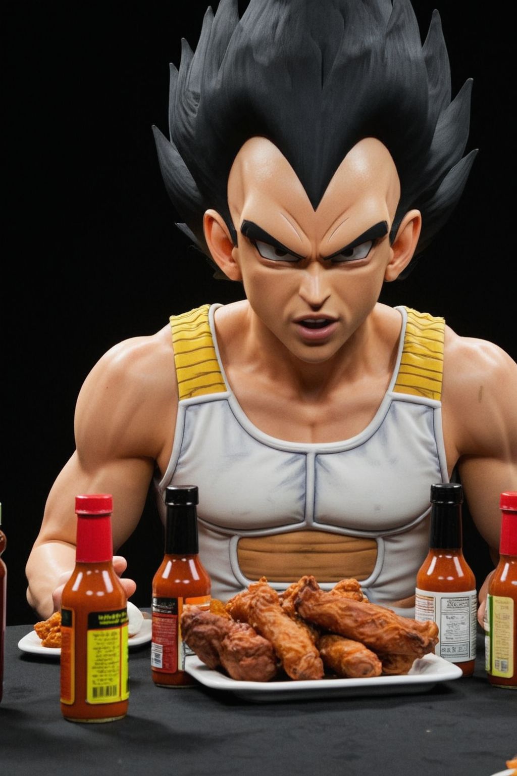 anime artwork of vegeta, hotones, closeup, 1boy, solo, black spiked hair, tank top, sitting, bottles of hot sauce, plate of hot wings on table, black background, looking at someone, yelling, angry