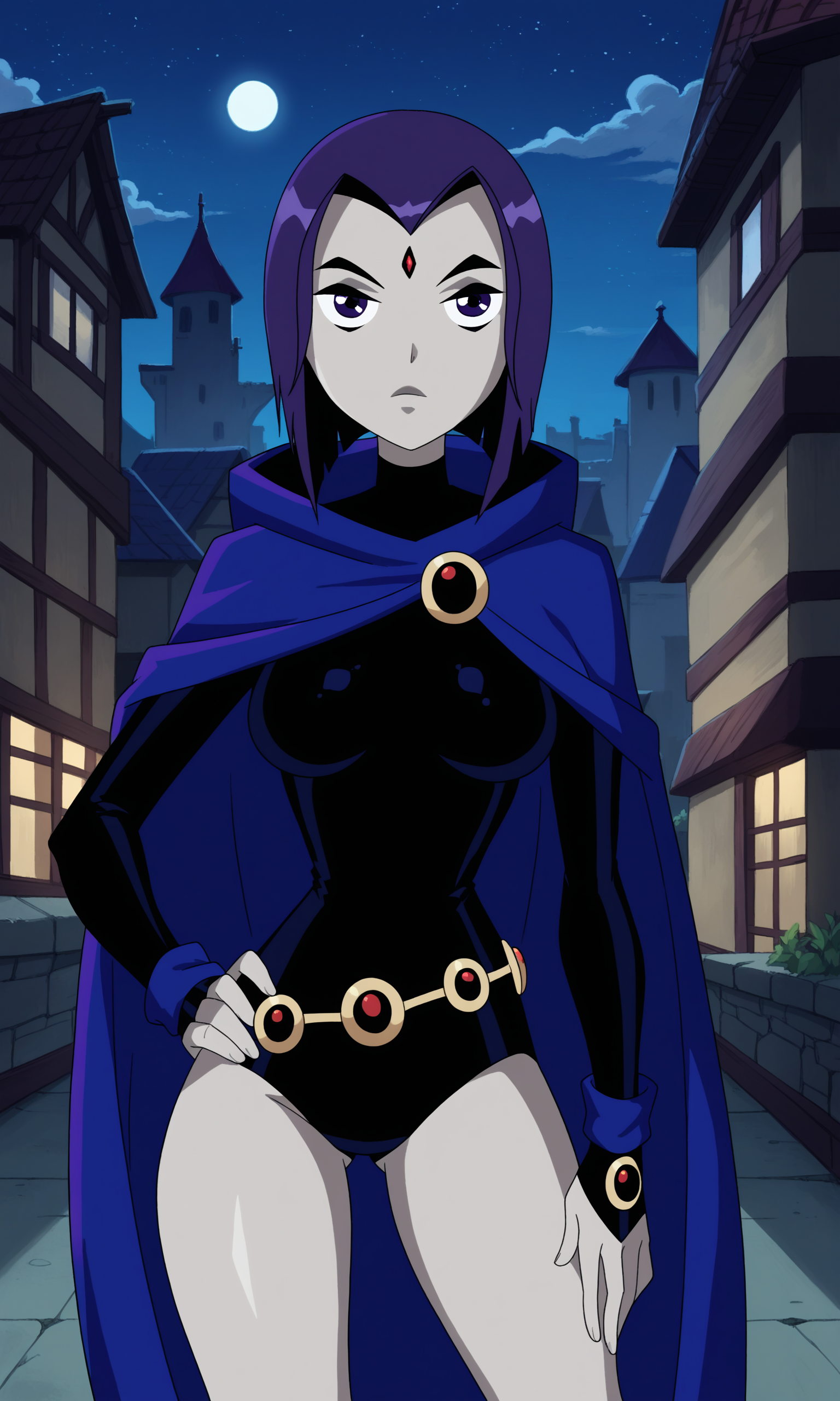 score_9, score_8_up, score_7_up, 1girl, raven, purple_eyes, purple_hair, short_hair, medium_breasts, hooded_cloak, blue_cloak, black_leotard, loose_belt, wristband, hand_on_own_hip, looking_at_viewer, outdoors, night