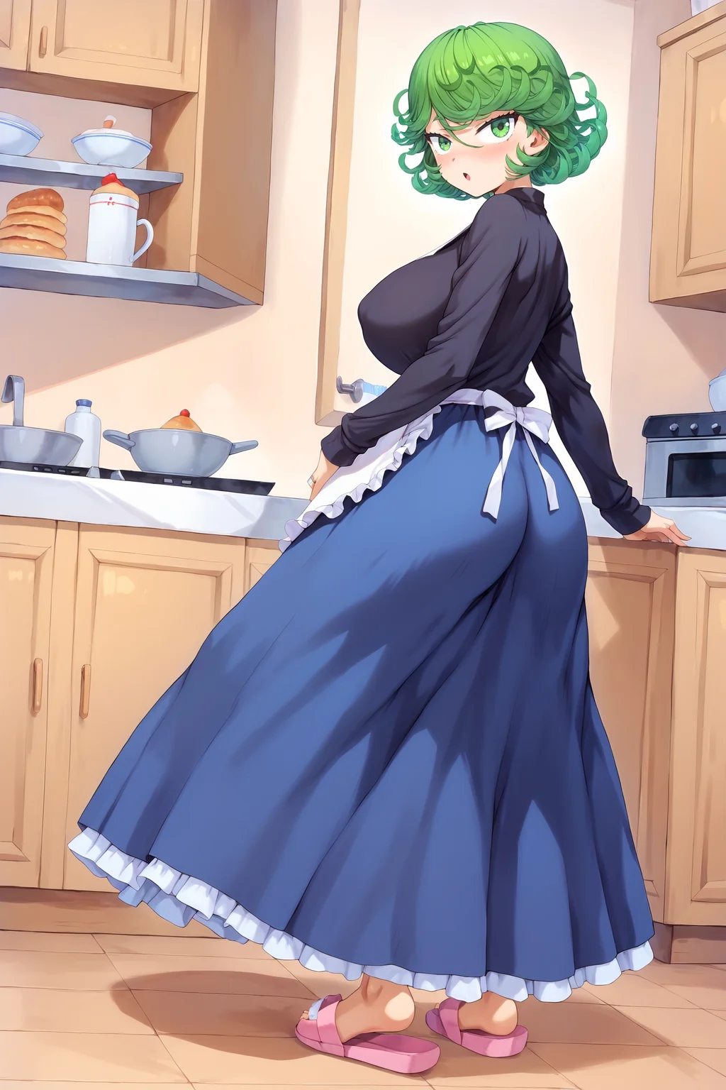 score_9, score_7_up,
BREAK
solo, 1girl, looking at viewer, from behind, (open mouth:0.7), , blush,
<lora:tatsumaki-like-wife:1>, t4tsumaki-like-w1fe, large breasts,
shirt, long sleeves, apron, frilled apron, slipper, long skirt, sweater, housewife, wedding ring, jewelry,
indoors, kitchen