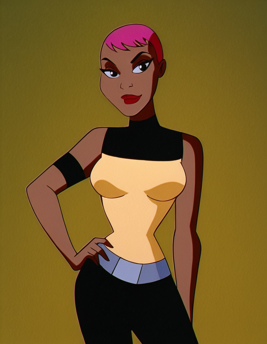 <lora:MaxGibsonIllustrious1.0JLFO:1> maxgibson, short hair, 1girl, pink hair, solo, dark skin, dark-skinned female, black eyes, sleeveless, armband, makeup, lipstick, breasts,retro artstyle,  , belt, black pants, looking at viewer, hand on own hip, cowboy shot,smile, simple background,