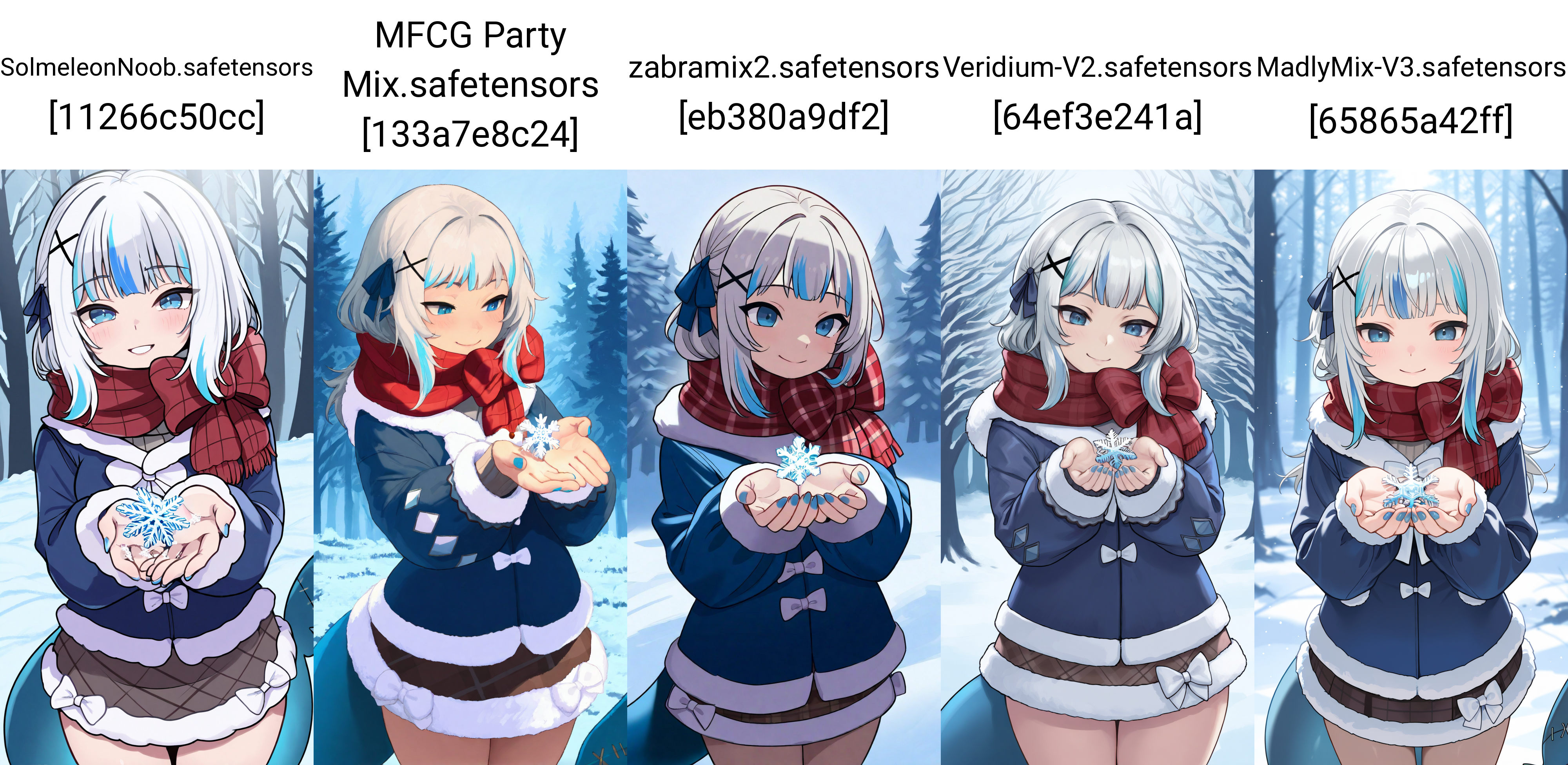 <lora:gura_6outfits_noob_eps:1>masterpiece, best quality, 1girl, solo, cowboy shot, snowy forest, smile, cupping hands, holding snowflake, looking at object
BREAK
red scarf, plaid scarf, blue coat, plaid skirt, (brown skirt:0.7), fur-trimmed skirt, white bow, fur trim, x hair ornament, hair ribbon, grey hair, streaked hair, blue eyes, shark tail, blue nails