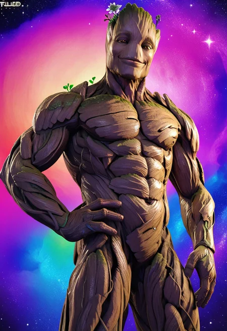 score_9, score_8_up, score_7_up, male, solo, Groot1, tall, flora fauna, made of wood, muscular, pecs, alien, noseless, amber eyes, smile, eyelids, half-closed eyes, smirk, smug, flirty, mouth closed, happy, expressive, looming, leaning forwards, hip focus, cocked hip, hand on hip, perfect hands, masculine, handsome, moss, null, flower, sparkle, cocked hip, looking at viewer, head tilt, starry sky, (realistic, 3d:1.2), shading, psychedelic background, rainbow colors, masterpiece, extreme detail, low-angle view, zPDXL3, zPDXLrl, zPDXLpg, three-quarter portrait, side view
