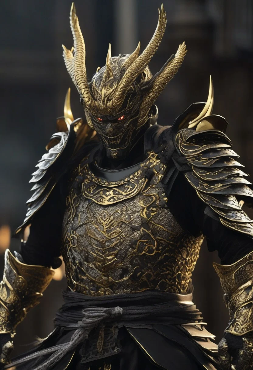 samurai dragon, glowing eyes, body wearing shiny satin black and silver metal samurai armor,intricate ornate weaved gold filiegree, fine detail, extremely detailed, unreal engine