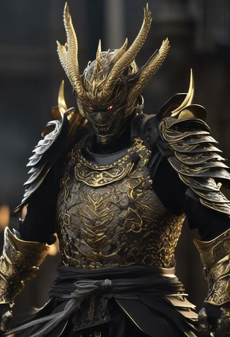 samurai dragon, glowing eyes, body wearing shiny satin black and silver metal samurai armor,intricate ornate weaved gold filiegree, fine detail, extremely detailed, unreal engine
