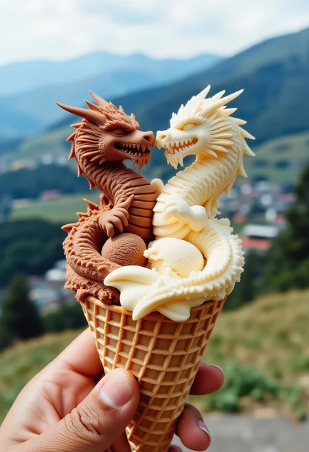 An elaborate ice cream figure sculpted into two dragons fighting, one chocolate and the other vanilla. The fine details of their faces and upper bodies flow into a swirl where their lower bodies circle each other. The mix of ice cream flows into a waffle cone held by a hand. The background is a view from a mountain of the valley below.
<lora:ice-cream-cone-flux:1>