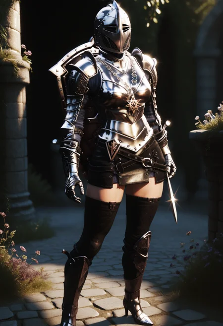 score_9, score_8_up, score_7_up,
1girl, solo,
<lora:Dark_DarkKnight_Pony_v1.0:0.75> d4rkkn1ght, armor, skirt, gauntlets, thighhighs, boots, shield, helmet,