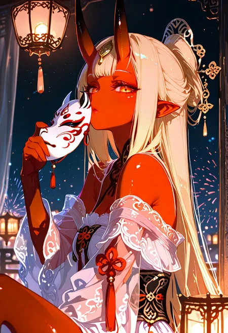 masterpiece, best quality, good quality, newest, highres, absurdres, volumetric lighting,gradient color,
BREAK
raytracing, volumetric lighting, ambient occlusion, girl, background, masterpiece, best quality, very awa, absurdres, by ratata47,
BREAK
Aka-Oni, oni, colored skin, (red skin:1.3), straight horns, solo, long hair, model style,
BREAK
masterpiece,amazing quality,best quality,ultra-detailed,8K,illustration,CG,shiny hair,clear skin,ultra-detailed-eyes, background,cute girl, eyelashes,
cinematic, (masterpiece), (best quality), (ultra-detailed), very aesthetic, illustration, perfect,best quality, amazing quality
BREAK,
firework, (Sexy lips), Face focus, curtains, chinese makeup, a Hanfu Bride, Sitting sideways, long hair, blonde hair, Hairpin, see-through, tassel,Her delicate hanfu, holding a mask, embroidered with intricate patterns, lanterns, floating lanterns, looking_at_viewer, Cinematic Lighting, mask cover half her face,