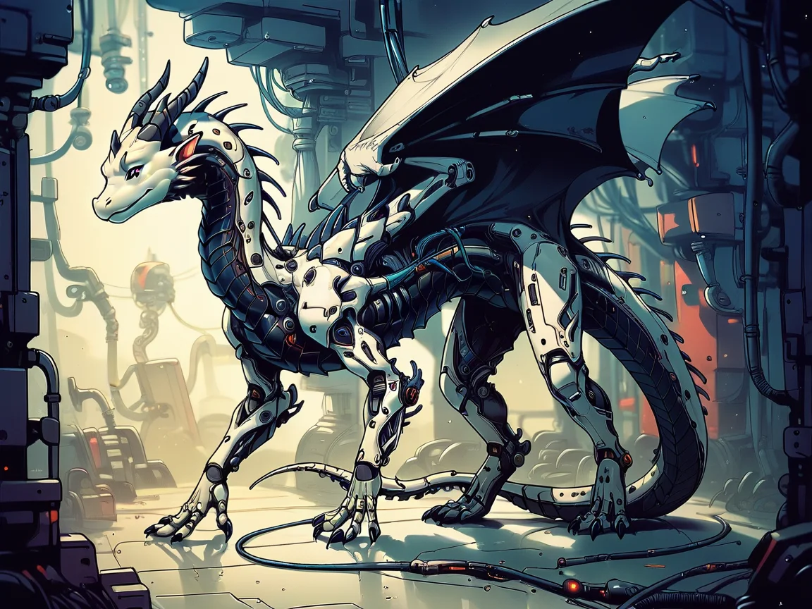 score_9, score_8_up, score_7_up, score_6_up, <lora:cyb0rgXLP:0.8> cyb0rg, solo, science fiction, cable, mechanical parts, dragon, black, feral, full body,