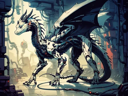 score_9, score_8_up, score_7_up, score_6_up, <lora:cyb0rgXLP:0.8> cyb0rg, solo, science fiction, cable, mechanical parts, dragon, black, feral, full body,