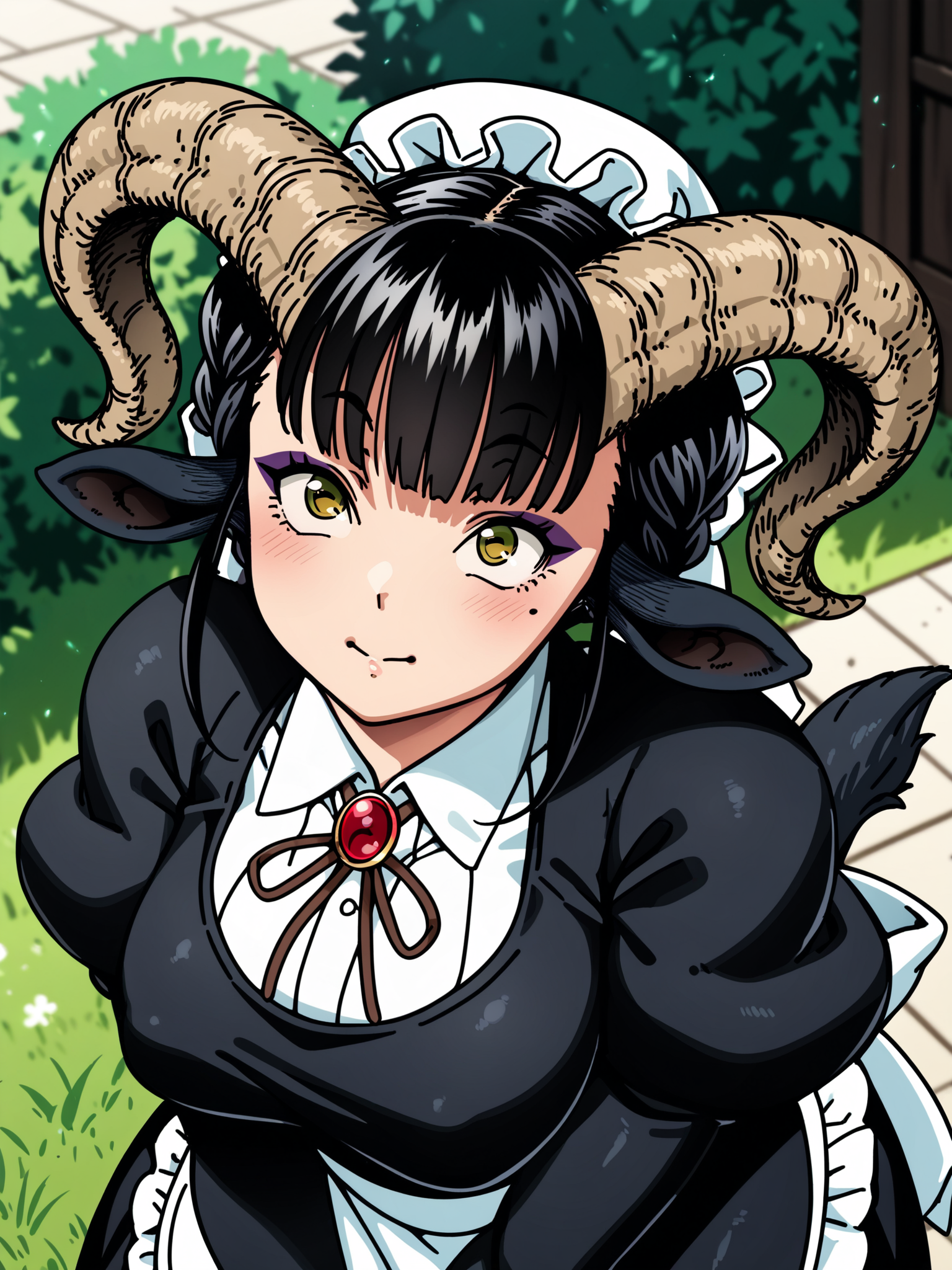 <lora:happy_tentacle-maya-v0.6-000026:0.9>, ht_maya, satyr, goat girl, goat horns, goat tail, hooves, yellow eyes, eyeshadow, maid, apron, mob cap, collared shirt, long sleeves, puffy sleeves, juliet sleeves, brooch, outdoors , 1girl, solo, upper body , , (doyagao :1), , looking up , bent over, downblouse , facing viewer , score_9, score_8_up, score_7_up, score_6_up, score_5_up, score_4_up
