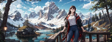 highres, absurdres, masterpiece, high quality, highly detailed, scenery of a mountain range, forest, nature, river
AND
1girl, in jeans and sweater looking out over a large forest in the background, from behind
