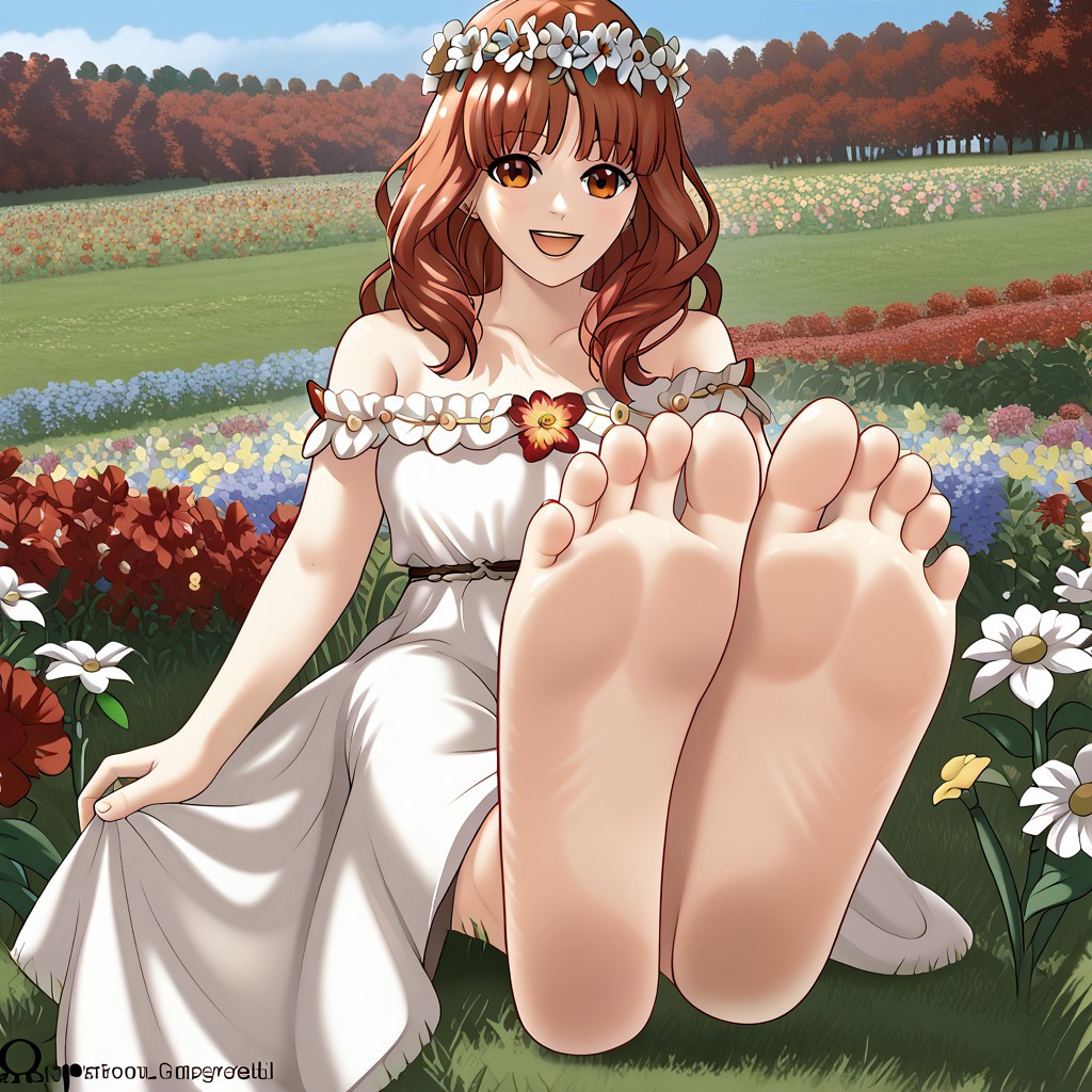 valCeli, red hair, head wreath, off-shoulder, red and white dress, bare shoulders, happy, open mouth, flower field, garden, looking at you, barefoot, soles, foot focus, holding feet, close up