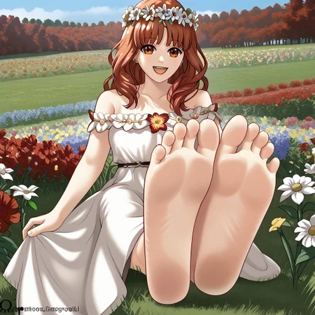 valCeli, red hair, head wreath, off-shoulder, red and white dress, bare shoulders, happy, open mouth, flower field, garden, looking at you, barefoot, soles, foot focus, holding feet, close up